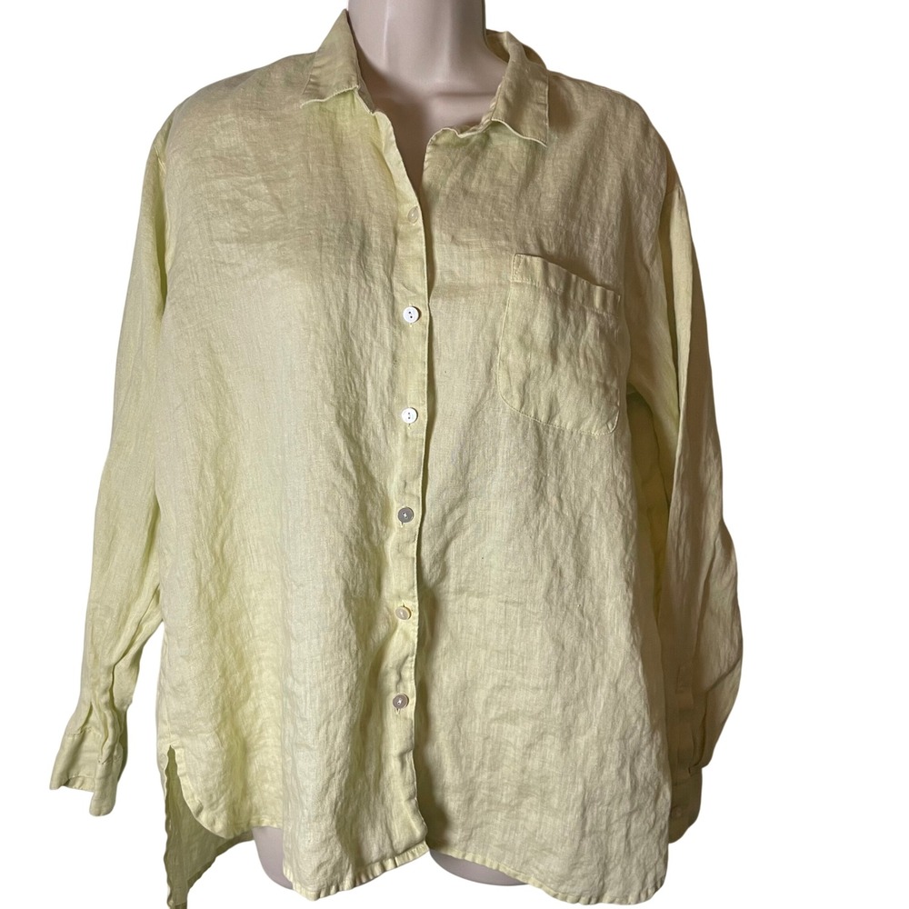 J. Jill Love Linen Pale Yellow 100% Linen Button Down Shirt Small Long Sleeve